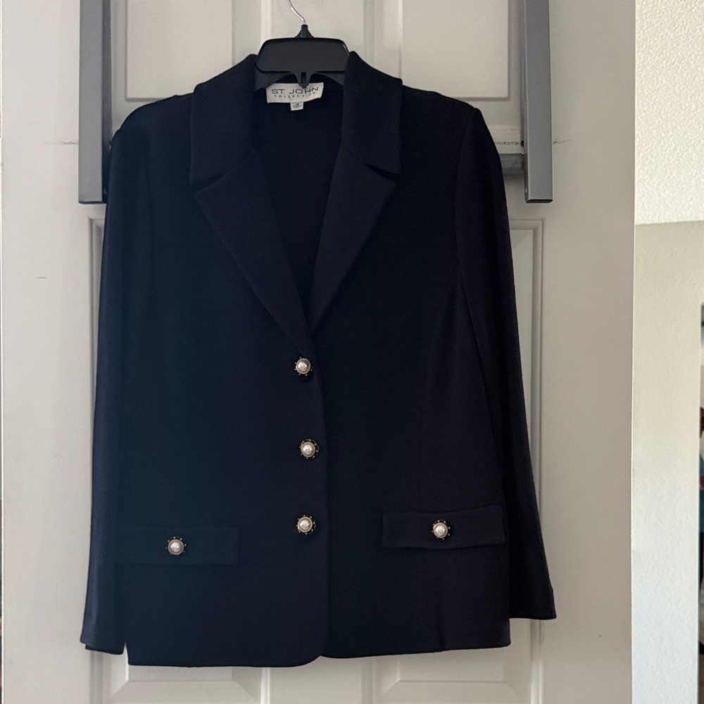St. John Collection Elegant Black Blazer with Pearl Buttons